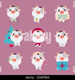Set von niedlichen Cartoon Ochse und Kühe.Frohes neues Jahr Stock Vektor