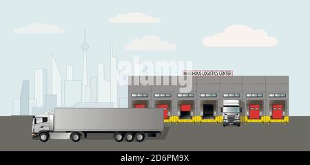 Modernes Logistikzentrum. Lieferung der Ware per LKW. Flachvektor Stock Vektor