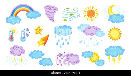 Wetter Cartoon-Set. Niedliche handgezeichnete Sonne und Wolken, Regen oder Schnee, Blitz, Mond und Stern, Regenbogen, Thermometer. Symbole für vorhergesagtes Wetter. Meteorologische Infografiken Zeichen. Vektorgrafik Stock Vektor