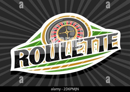 Vektor-Logo für Roulette, weißes modernes Abzeichen mit Abbildung von oben Ansicht Roulette Rad, einzigartige Beschriftung für schwarzes Wort Roulette, Glücksspiel Zeichen Boa Stock Vektor