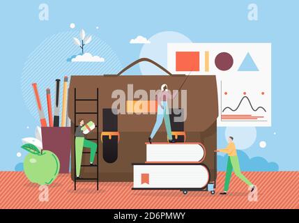 Schulbildung. Lehrer weibliche Figur mit Zeiger auf Stapel von Büchern, flache Vektor-Illustration. Stock Vektor