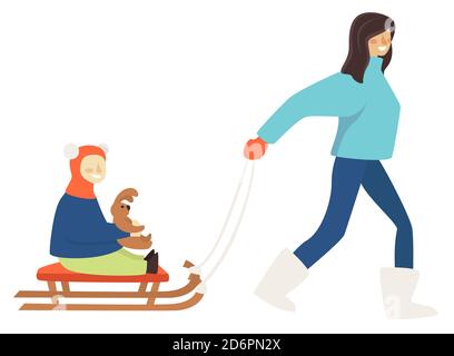 Mutter zieht Schlitten mit Kind hält Plüsch Hase Stock Vektor