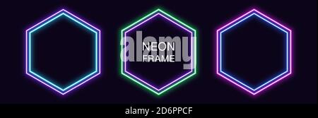Sechseckiger Neonrahmen. Set von sechseckigen Neon-Rand mit doppelter Umrisse. Geometrische Form mit Kopierraum, futuristisch leuchtendes Element für Social Media sto Stock Vektor