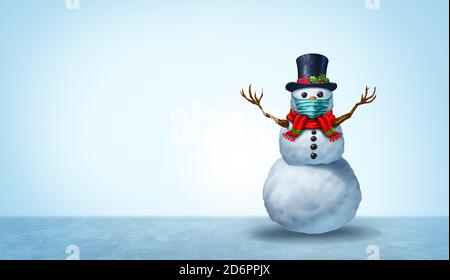 Winter Healthcare als Schneemann trägt eine Gesichtsmaske Konzept als Schneemann Urlaub Saison Symbol für Gesundheit und Prävention als medizinisch. Stockfoto