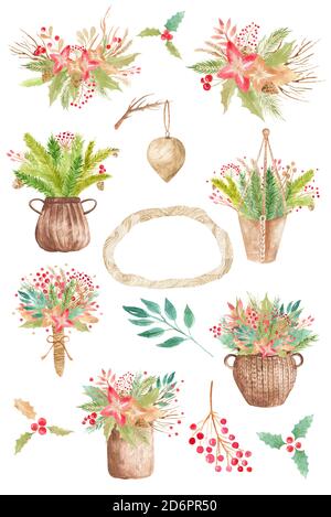 Winter Blumenarrangement Cliparts. Botanische Kollektion von dekorativen Elementen für Hochzeitseinladungen, Postkarten, Karten Stockfoto