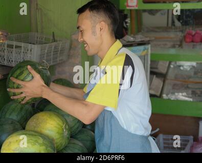 Shop Attendant Mann in Schürze bringt Wassermelone und arrangiert ein Display am Obststand, frisches Obst Konzept Stockfoto