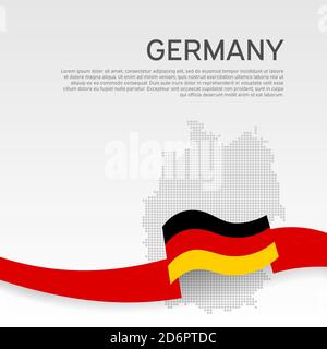 Deutschland gewellte Flagge und Mosaikkarte auf weißem Hintergrund. Gewelltes Band in den Farben der deutschen Flagge. Nationales Plakat. Vektor-Tricolor-Design. Geschäftsbroschüre Stock Vektor