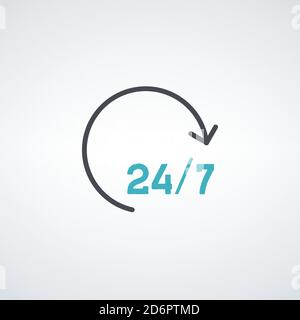 Rund um die Uhr oder 24 Stunden am Tag und 7 Tage die Woche Symbol oder Symbol isoliert auf weißem Hintergrund. Vektorgrafik Stock Vektor