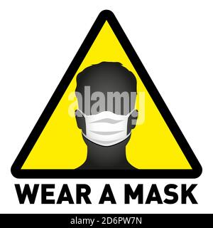 Vektor-Warnschild, tragen Maske zu vermeiden covid-19 Virus schwarze und gelbe Farbe auf weißem Hintergrund. Warn-oder Warnschild. Stock Vektor