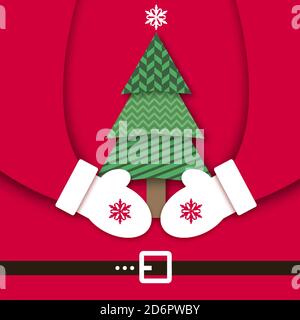 Frohe Weihnachten Grußkarte mit Santa Claus Hände halten grünen Weihnachtsbaum. Frohes neues Jahr im papercraft-Stil. Rot. Winterurlaub. Stock Vektor