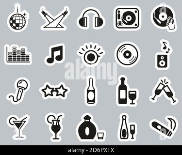 Disco Oder Night Club Icons Schwarz & Weiß Sticker Set Groß Stock Vektor