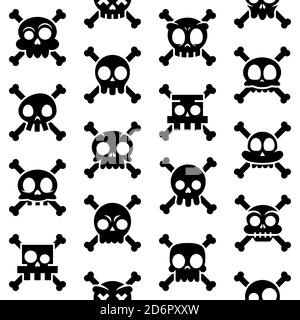 Halloween Cartoon Totenkopf mit Knochen Vektor nahtlose Muster, mexikanische niedlichen Zucker Schädel Design-Set, Dia de los Muertos in schwarz auf weißem Hintergrund Stock Vektor