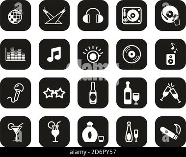 Disco Oder Night Club Icons Weiß Auf Schwarz Flat Design Groß Einstellen Stock Vektor