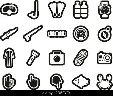 Diving & Diving Gear Icons Weiß Auf Schwarz Sticker Set Groß Stock Vektor