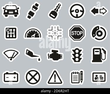 Fahrschule Icons Schwarz & Weiß Sticker Set Groß Stock Vektor