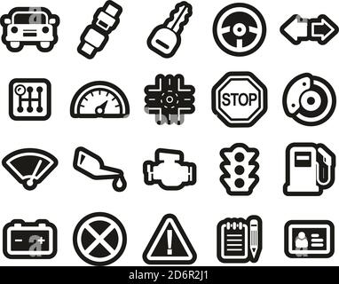 Fahrschule Icons Weiß Auf Schwarz Sticker Set Groß Stock Vektor