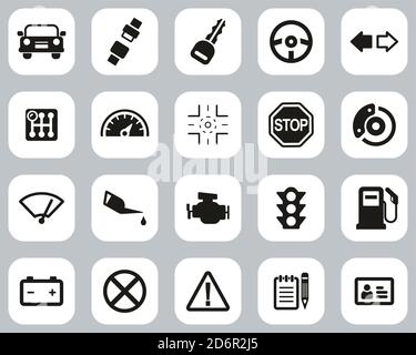 Fahrschule Icons Schwarz & Weiß Flat Design Set Groß Stock Vektor