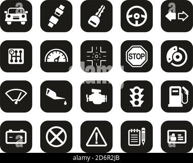 Fahrschule Icons Weiß Auf Schwarz Flat Design Set Groß Stock Vektor