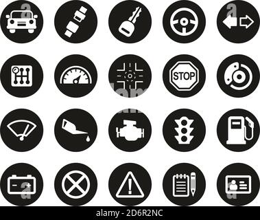 Driving School Icons Weiß Auf Schwarz Flat Design Kreis Set Groß Stock Vektor