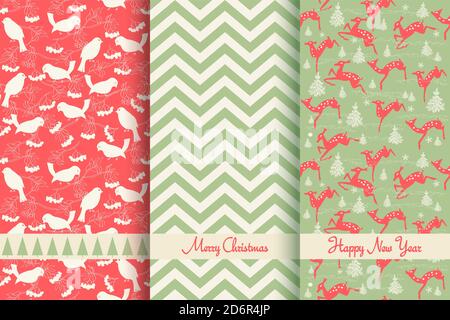 Set von Weihnachten nahtlose Muster für Grußkarten, Geschenkpapier. Handgezeichnete Winterhintergründe. Vektorgrafik Stock Vektor