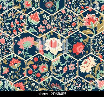 Nahtlose abstrakte bunte Patchwork-Muster aus Blumen im Folk-Stil. Vintage-Deko-Elemente. Handgezeichneter Hintergrund in Retro-Farben. Vektor. Stock Vektor