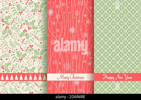 Set von Weihnachten nahtlose Muster für Grußkarten, Geschenkpapier. Handgezeichnete Winterhintergründe. Vektorgrafik Stock Vektor