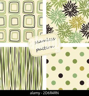Kollektion von Retro nahtlose Muster aus den 50er und 60er Jahren. Nahtlose Vintage-Muster in Blumen, Tupfen, kariert im Folk-Stil. Vektor. Stock Vektor