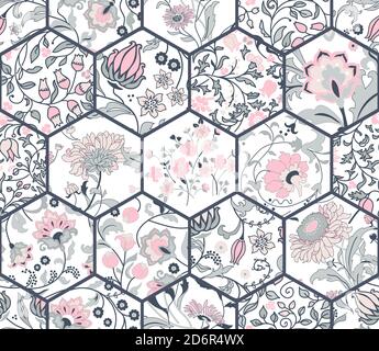 Nahtlose abstrakte bunte Patchwork-Muster aus Blumen im Folk-Stil. Vintage-Deko-Elemente. Handgezeichneter Hintergrund in Retro-Farben. Vektor. Stock Vektor