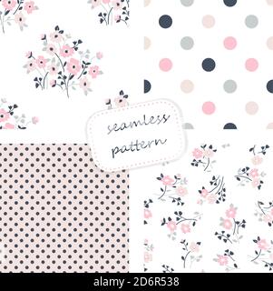 Kollektion von Retro nahtlose Muster aus den 50er und 60er Jahren. Nahtlose Vintage-Muster in Blumen, Tupfen, kariert im Folk-Stil. Vektor. Stock Vektor