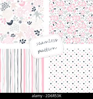 Kollektion von Retro nahtlose Muster aus den 50er und 60er Jahren. Nahtlose Vintage-Muster in Blumen, Tupfen, kariert im Folk-Stil. Vektor. Stock Vektor