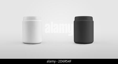 Set aus Kunststoff matt Gläser mit Deckel isoliert auf Hintergrund.Mockup einer weißen, schwarzen Flasche für Bio-Produkte, für die Werbung in der Medizin.Container Stockfoto