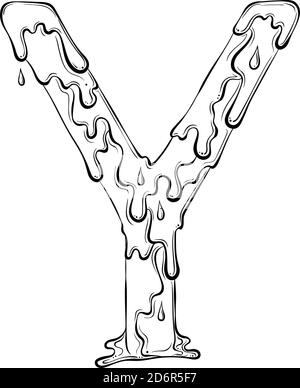 Buchstabe Y mit Fliesstropfen und goo Spritzer. Symbol für tropfende Flüssigkeit. Vektor trendy Schriftart in Hand gezeichnet Linie Art Stil isoliert auf weißem Hintergrund. Slime-Logo oder Anfangsbuchstaben. Stock Vektor