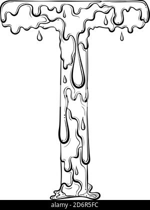 Buchstabe T mit Fliesstropfen und goo Spritzer. Symbol für tropfende Flüssigkeit. Vektor trendy Schriftart in Hand gezeichnet Linie Art Stil isoliert auf weißem Hintergrund. Slime-Logo oder Anfangsbuchstaben. Stock Vektor