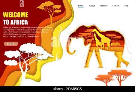 Willkommen bei Afrika Vektor-Website Landing Page Vorlage. Papier geschnitten Elefant Silhouette mit afrikanischen Natur Giraffen Nashorn Stock Vektor