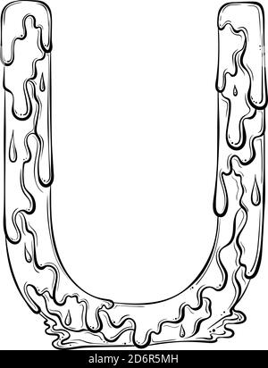 Buchstabe U mit Fliesstropfen und goo Spritzer. Symbol für tropfende Flüssigkeit. Vektor trendy Schriftart in Hand gezeichnet Linie Art Stil isoliert auf weißem Hintergrund. Slime-Logo oder Anfangsbuchstaben. Stock Vektor