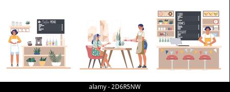 Café- oder Barszene mit Personal und Besuchern, flache Vektor isolierte Illustration. Moderne Restaurant-Innenausstattung mit Menschen Stock Vektor