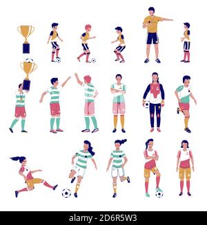 Fußballspieler-Set, flache Vektor isolierte Illustration. Kinder, Erwachsene spielen Fußball, treten den Ball, halten Gold Cup. Stock Vektor