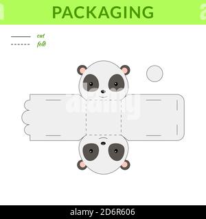 DIY Party zugunsten Panda-Box für Geburtstage, Baby-Duschen für Süßigkeiten, Süßigkeiten, kleine Geschenke, Bäckerei. Vorlage für die Vorlage „Retail Box“. Drucken, Ausschneiden, Falzen, Stock Vektor