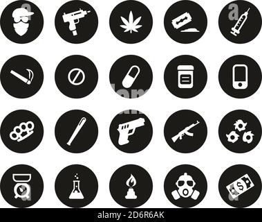 Drug Dealer Oder Drug Cartel Icons Weiß Auf Schwarz Flat Design Kreis Set Groß Stock Vektor