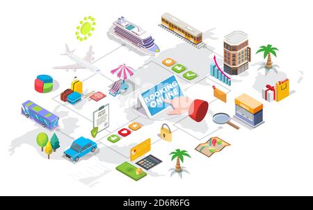 Isometrisches Flussdiagramm für Reisebuchungs-Services. Vektorgrafik. Stock Vektor