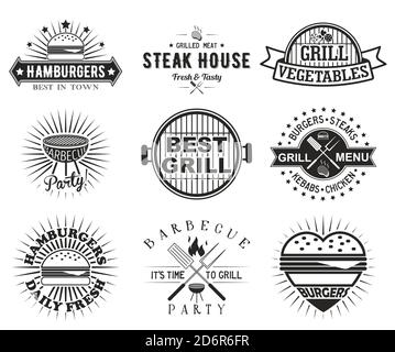 Grill oder bbq vintage Label, Badge-Set, Vektor-Illustration. Logos der Grillparty. Stock Vektor