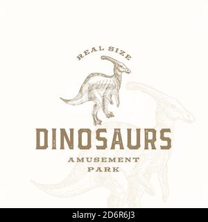 Real Size Dinosaurs Amusement Park Abstraktes Zeichen, Symbol oder Logo Vorlage. Handgezeichnetes Parasaurolophus Reptil mit Premium Typografie und Hintergrund Stock Vektor