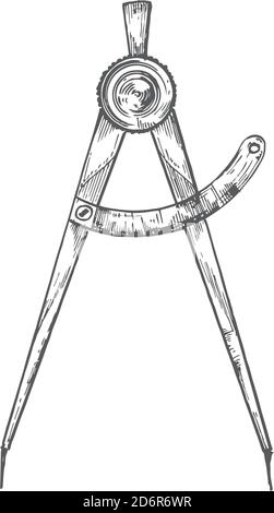 Retro Compas Hand Gezeichnet Doodle Vektor Illustration. Abstrakte, Stationäre Skizze. Schule oder Bildung Themen Gravur Stil Zeichnung. Stock Vektor