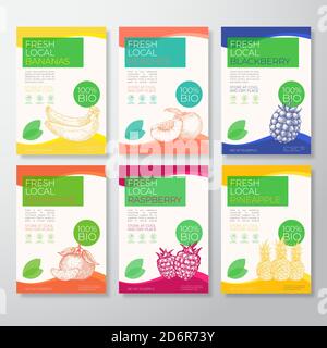 Frisches Obst Etiketten Verpackung Design Layout Sammlung. Vektorhintergrundabdeckungen Gesetzt. Moderne Typografie und handgezeichnete Bananen, Pfirsiche Stock Vektor
