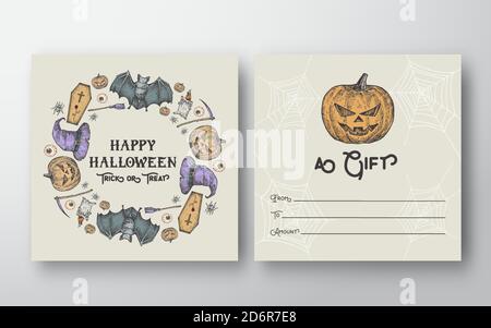 Halloween Kranz Abstrakten Vektor Grußkarte Geschenkkarte Hintergrund Vorlage. Design-Layout für Vorder- und Rückseite mit Typografie. Skizzieren Sie Kürbisse, Fledermäuse, Spinnen Stock Vektor