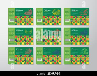 Muster Juice Label Templates Collection. Abstrakte Vektor-Verpackung Design-Layouts Festgelegt. Moderne Typografie Banner mit handgezeichneten Früchten, Beeren und Stock Vektor