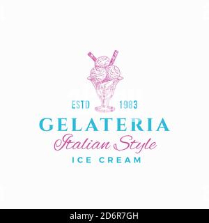 Gelateria Premium Qualität Süßigkeiten Abstraktes Zeichen, Symbol oder Logo Vorlage. Handgezeichnetes Eis und Typografie. Italienisches Gelato Vektor-Emblem Stock Vektor