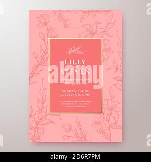 Hand Gezeichnet Blumenhintergrund Hochzeit Einladung Vorlage. Abstrakte Vektor-Grußkarte oder Weihnachtsposter. Rosa Skizze Blumen und Blätter Stock Vektor