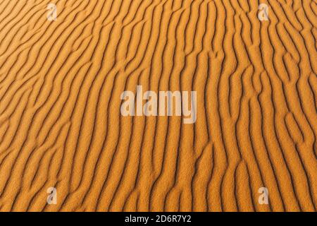 Orangefarbene Textur von Sanddüne. Abstrakte Form, Hintergrund, Schatten und Sonnenlicht. Sahara-Wüste. Stockfoto