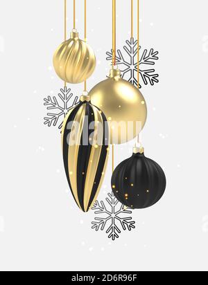 Xmas Hintergrund Gold und schwarz Weihnachtskugel in realistischem Stil auf weißem Hintergrund. Vektorgrafik. Stock Vektor